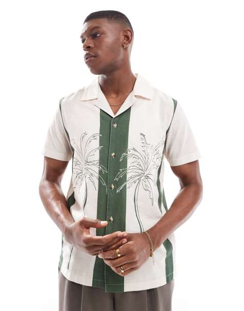 New Look palm print retro bowling shirt in green