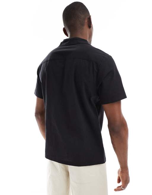 New Look palm tree embroidered linen blend revere shirt in black, 4 of 4