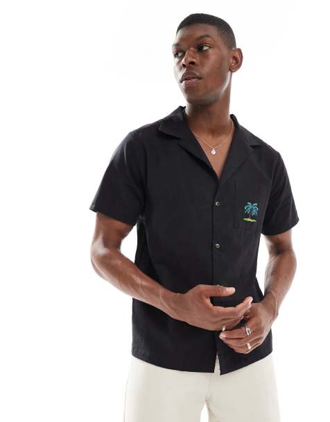 New Look palm tree embroidered linen look revere shirt in black