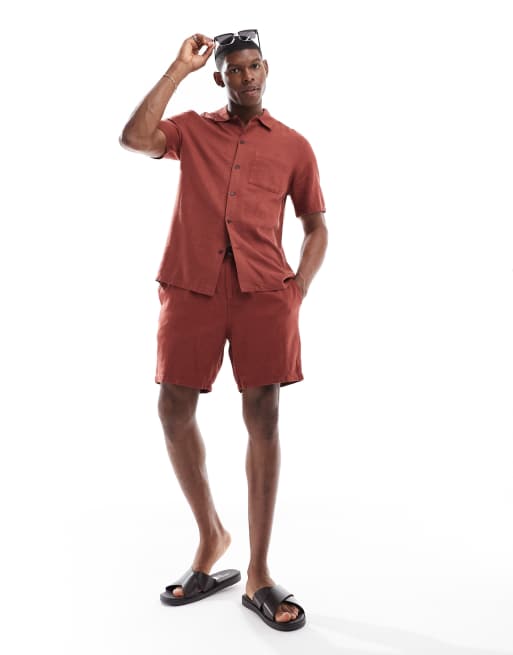 New Look - Pantaloncini color ruggine in misto lino con pieghe sul davanti in coordinato