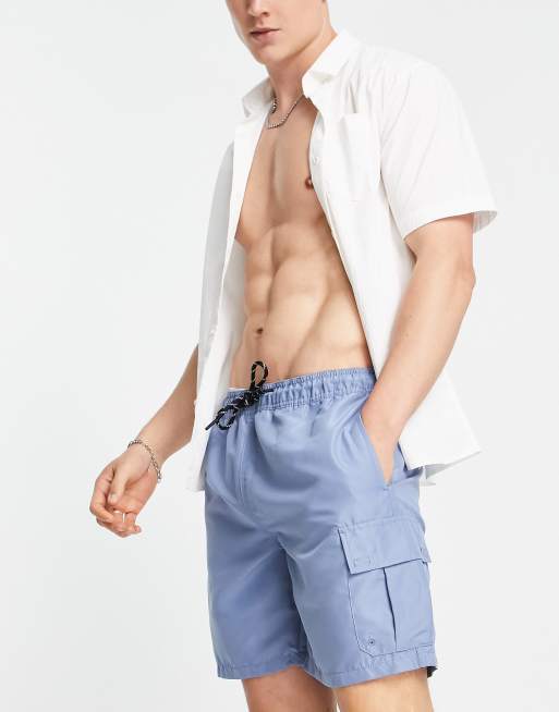 New Look - Pantaloncini da bagno cargo lunghi blu chiaro