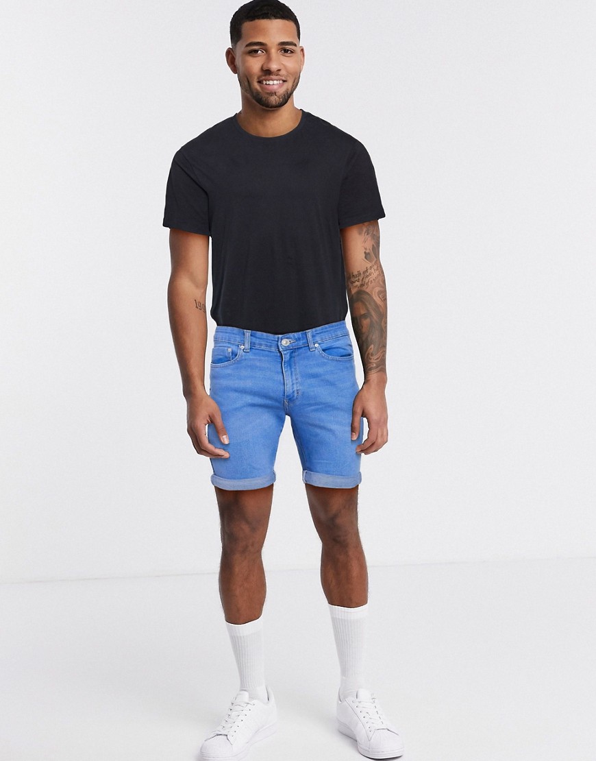 New Look - Pantaloncini di jeans skinny con risvolto sul fondo-Blu
