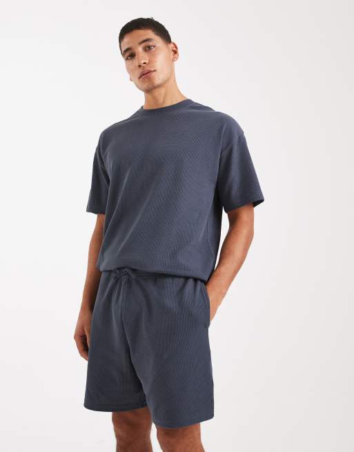 New Look - Coordinato blu petrolio con t-shirt oversize a nido d'ape e pantaloncini, 3 di 3