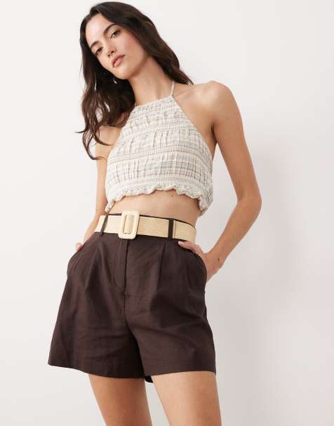 New Look - Pantaloncini marroni in misto lino con cintura - view 1