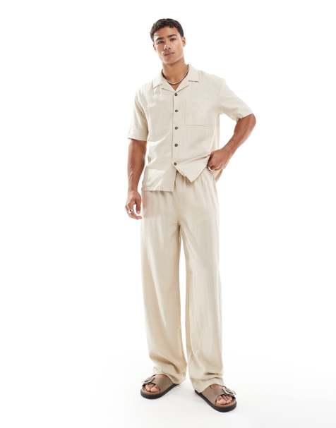 New Look - Pantaloni a fondo ampio color pietra in misto lino in coordinato - view 1