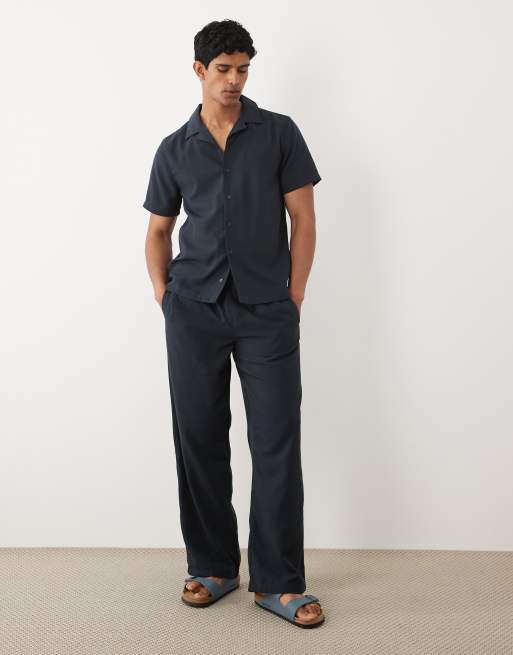 New Look - Coordinato blu navy con camicia con rever e pantaloni a fondo ampio effetto lino, 3 di 3