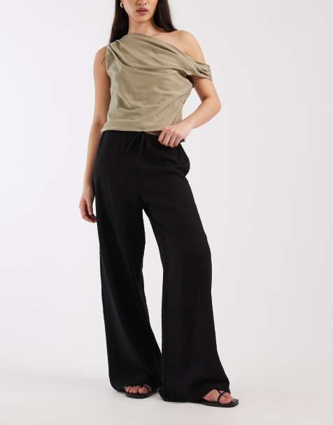New Look - Pantaloni a fondo ampio effetto lino neri con coulisse - view 1