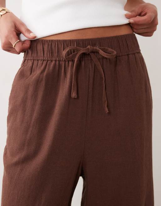 New Look pantaloni a gamba larga in misto lino marroni, 3 di 5