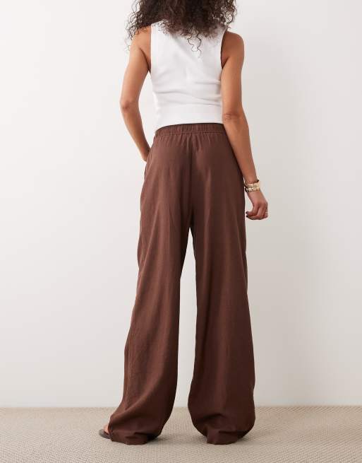 New Look pantaloni a gamba larga in misto lino marroni, 5 di 5