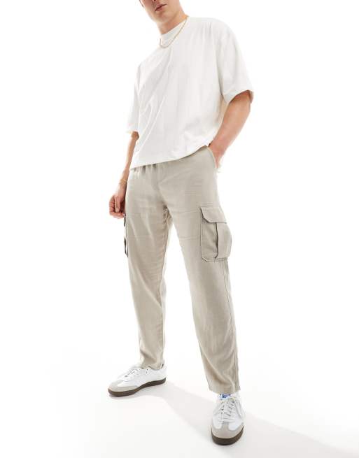 New Look - Pantaloni cargo in misto lino color pietra