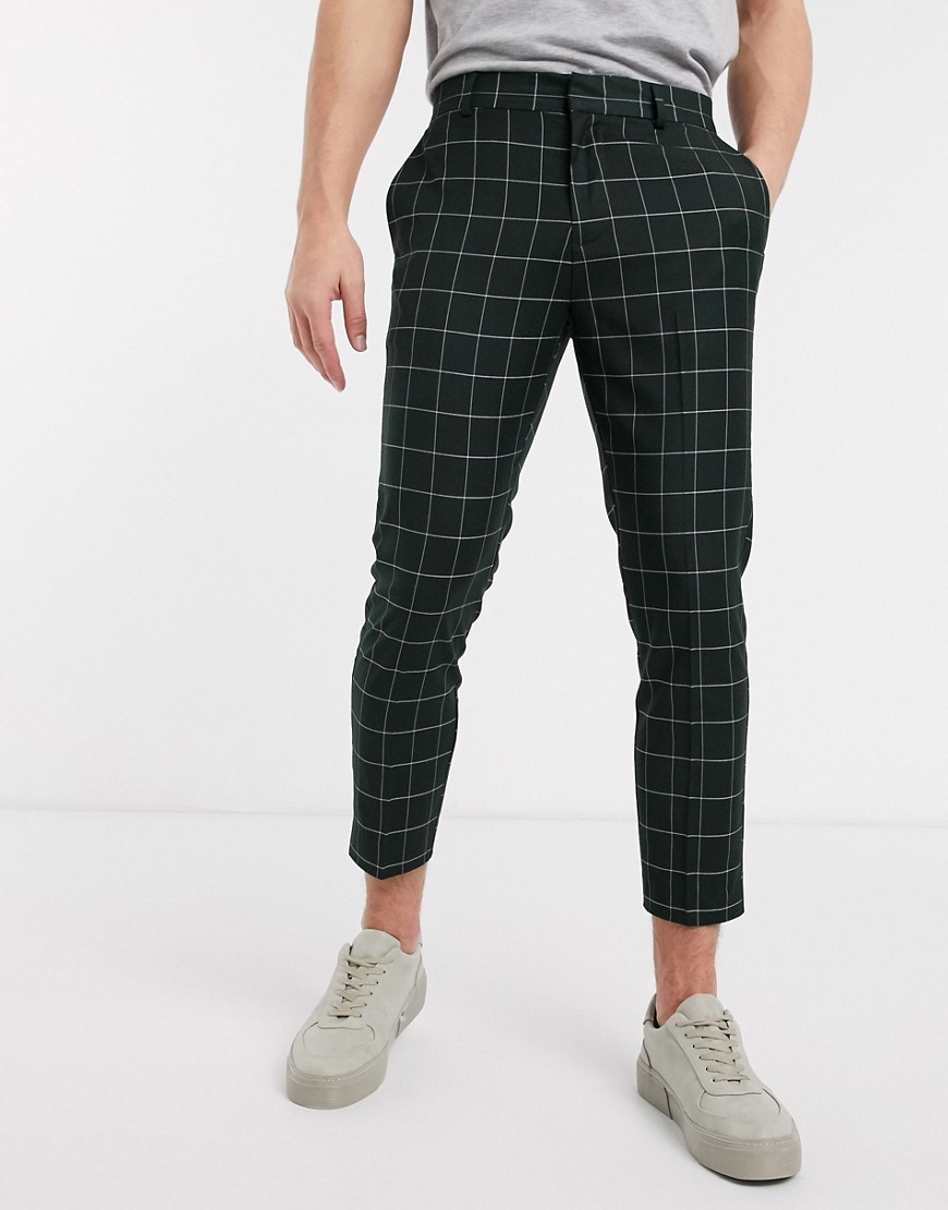 New Look - Pantaloni corti skinny a quadri verde scuro