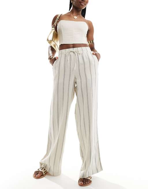 New Look - Pantaloni crema a righe in lino a fondo ampio