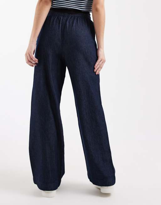 New Look - Pantaloni in denim chambray a fondo ampio blu navy, 3 di 5