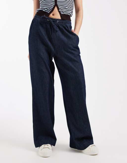 New Look - Pantaloni in denim chambray a fondo ampio blu navy, 5 di 5