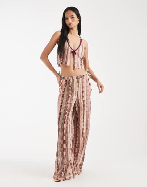 New Look - Pantaloni rosa a righe all'uncinetto in coordinato - view 1