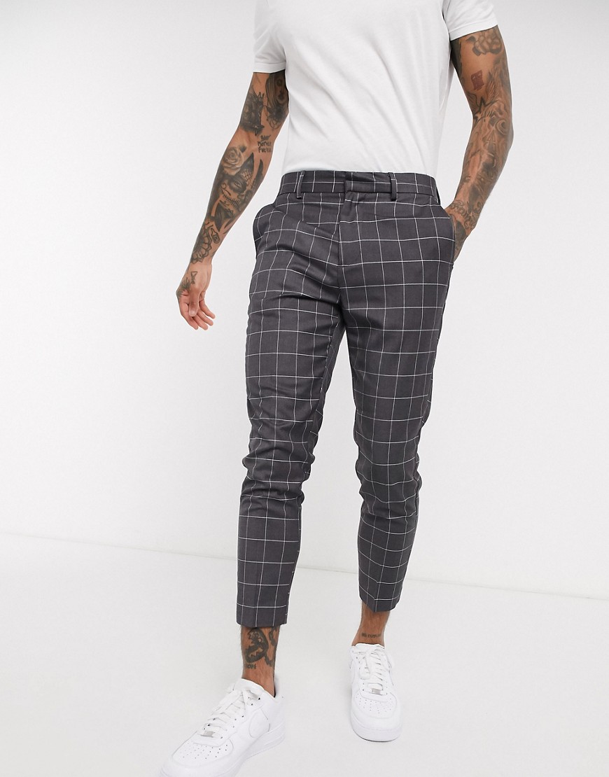 New Look - Pantaloni skinny corti grigio chiaro a quadri larghi