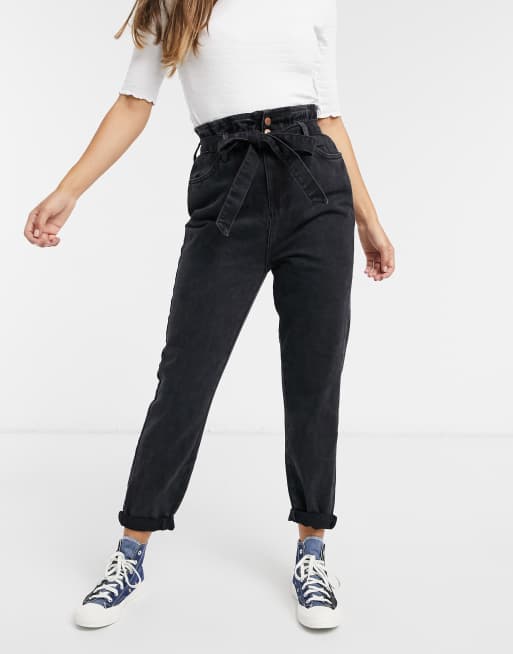 New Look paperbag tie waist jean in black ASOS