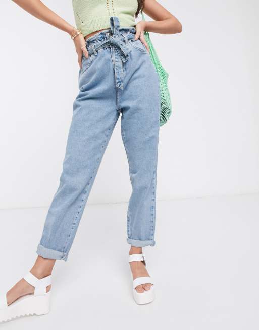 New Look paperbag tie waist jean in light blue