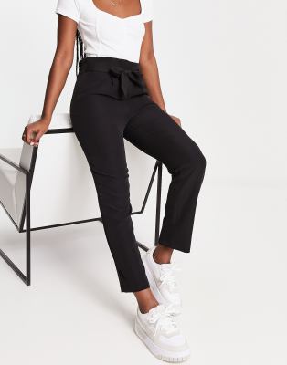 New Look Paperbag Tie Waist Straight Leg Pants In Black