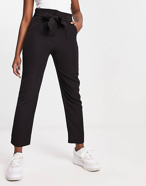 New Look paperbag tie waist straight leg pants in black