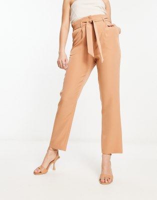 New Look Paperbag Tie Waist Straight Leg Pants In Camel-neutral