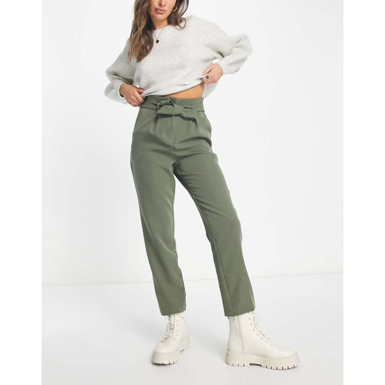 Strapsco Womens Casual Loose Paper Bag Waist Long Pants With Bow Tie Belt  Pockets-Khaki