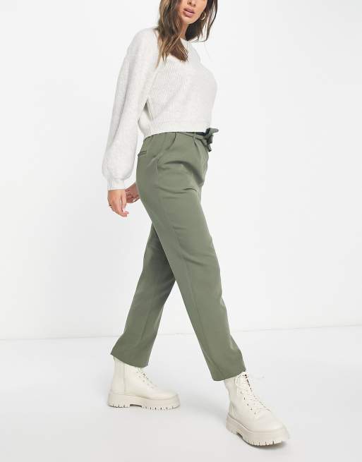 Khaki Pants - High Waist Paperbag Pants - Button Dly Closure