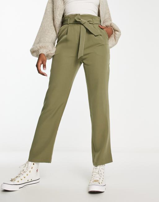 New Look paperbag tie waist straight leg pants in khaki