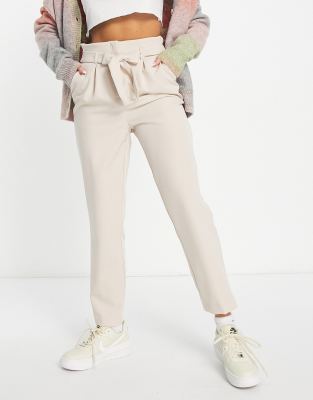 New Look paperbag tie waist straight leg pants in stone-Neutral