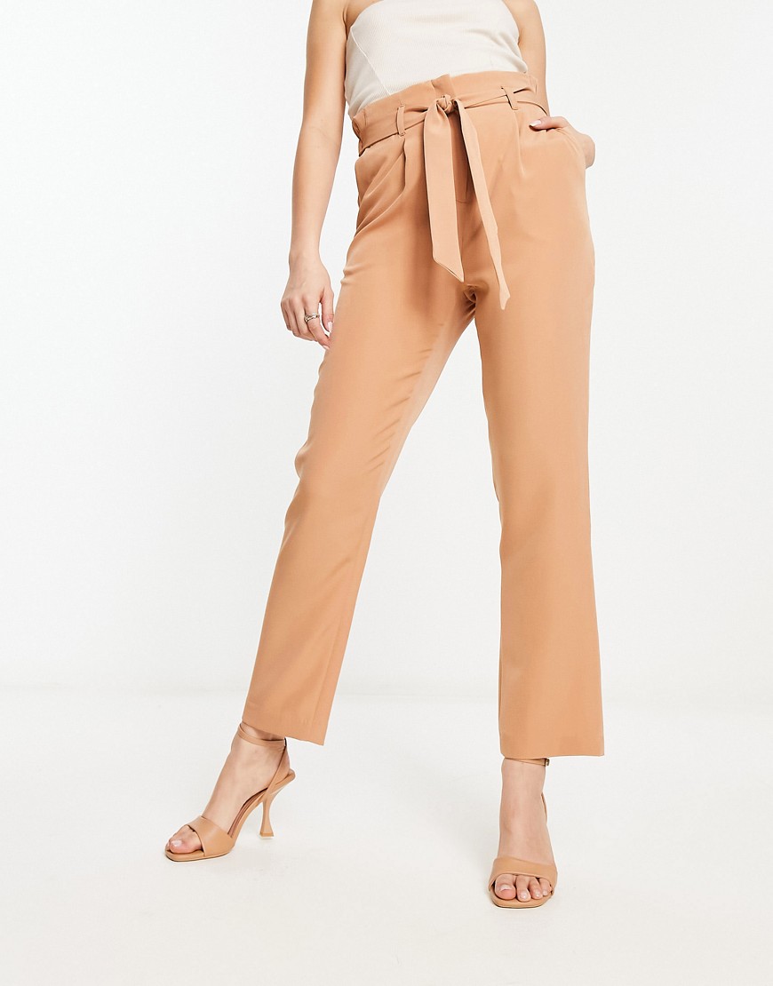New Look paperbag tie waist straight leg trousers in camel-Neutral