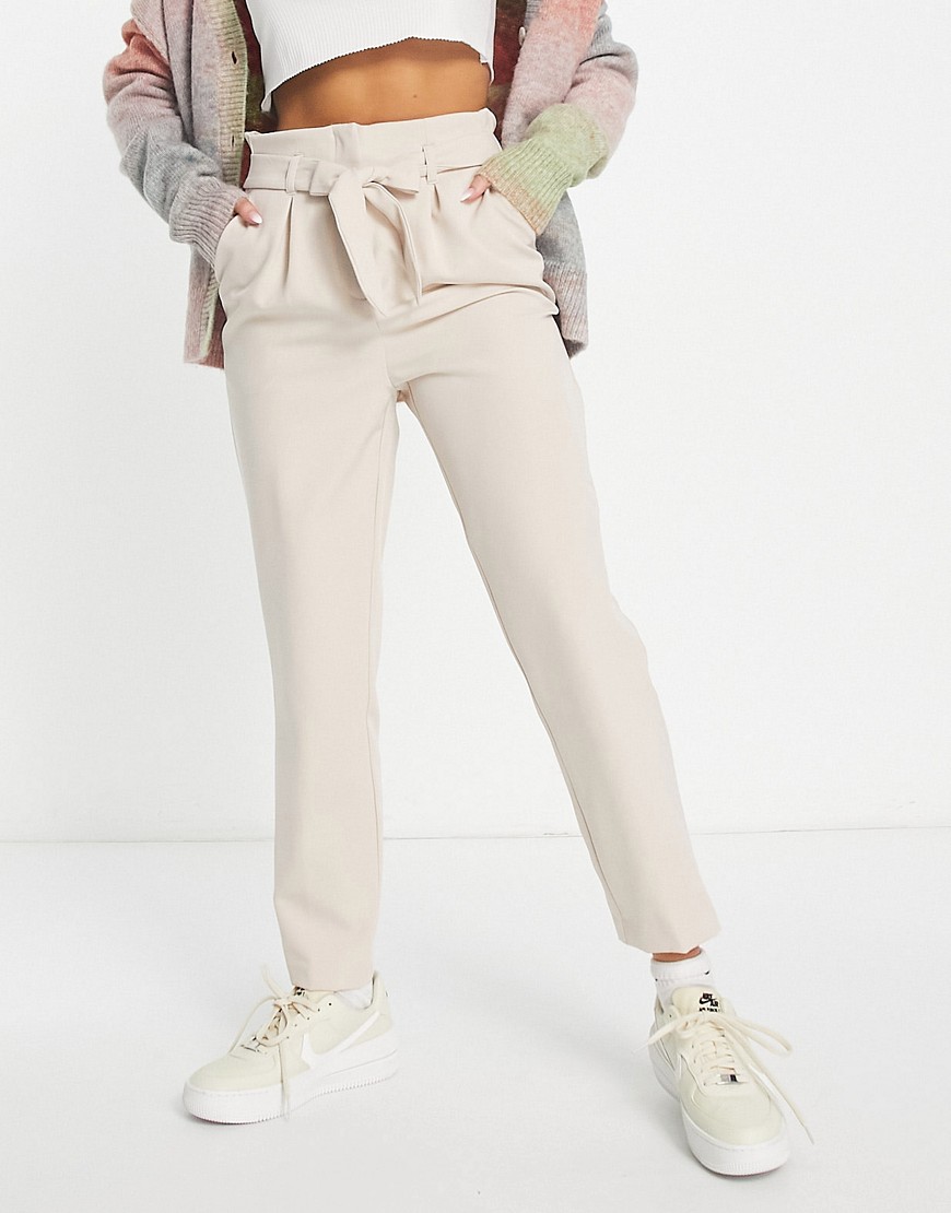 New Look paperbag tie waist straight leg trousers in stone-Neutral