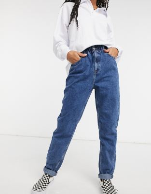 New Look paperbag waist jean in mid blue-Blues