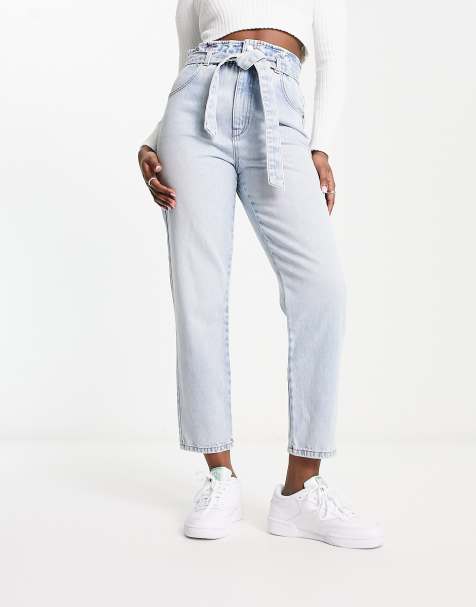 DTT Phoebe belted low rise wide leg jeans in light wash blue, ASOS