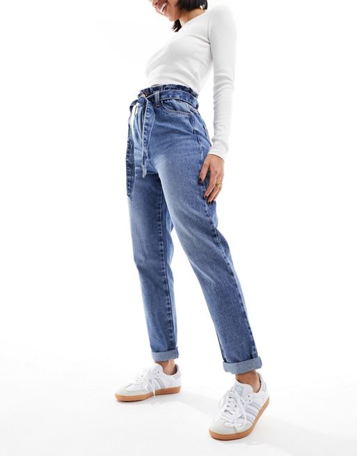 New Look paperbag waist straight leg jeans in mid blue