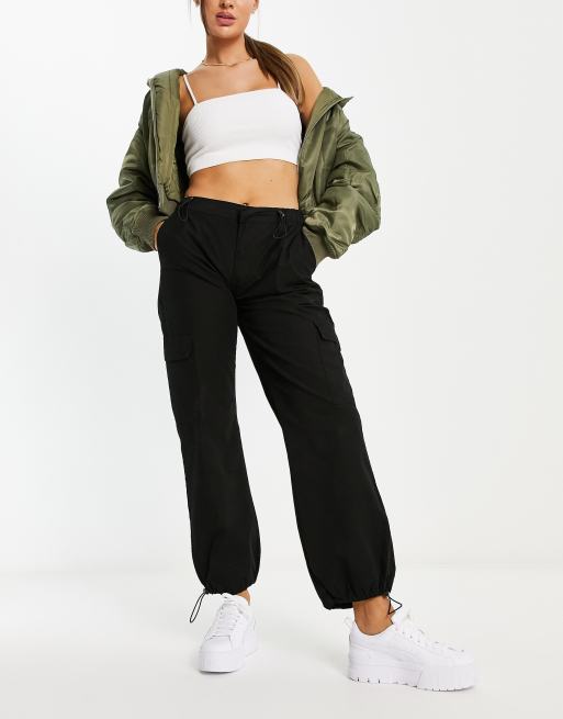 ASOS DESIGN Petite parachute cargo pants in black