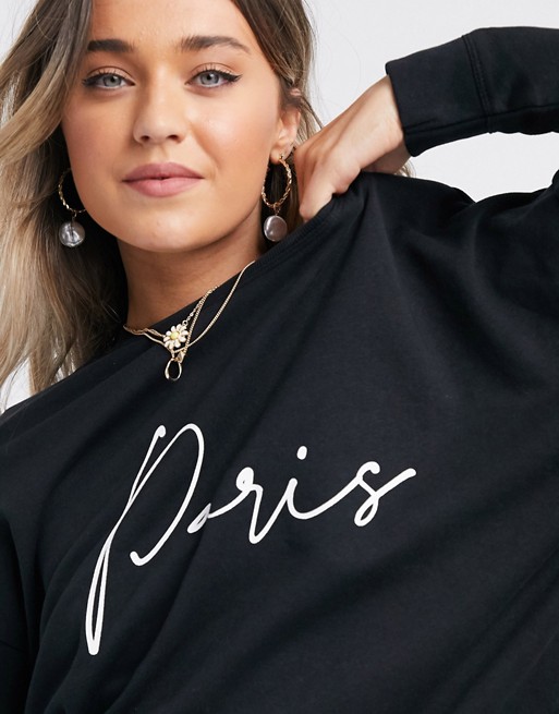 New Look paris scribble slogan sweatshirt in black
