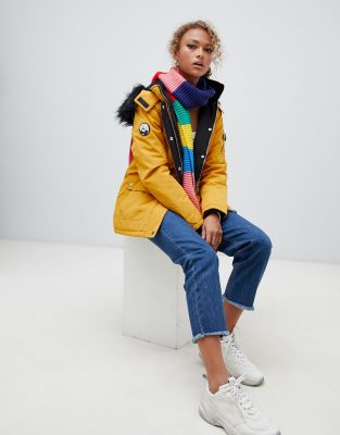 womens mustard coats with big fur hoods