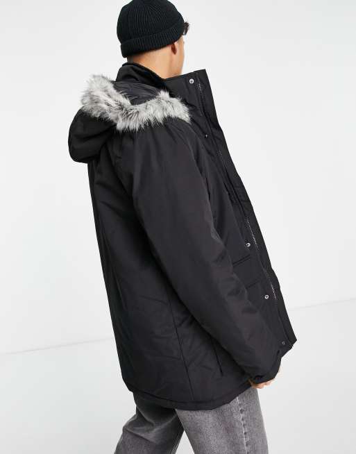 New Look parka jacket with fur trim in black