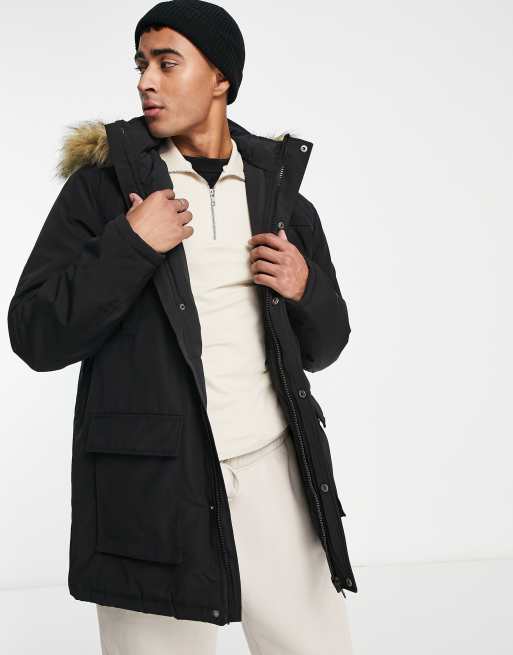 New Look - Parka nero con cappuccio e finiture in pelliccia sintetica