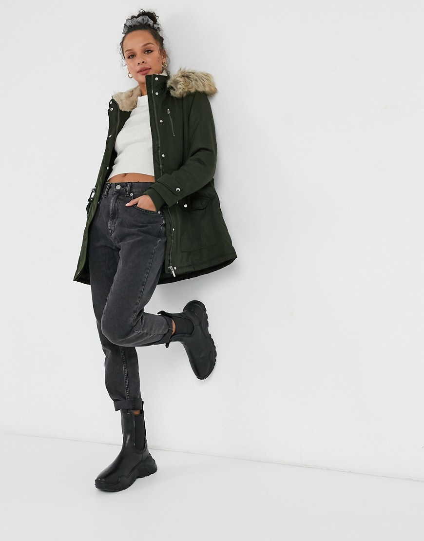 New Look Parka With Faux-fur Hood In Khaki-green