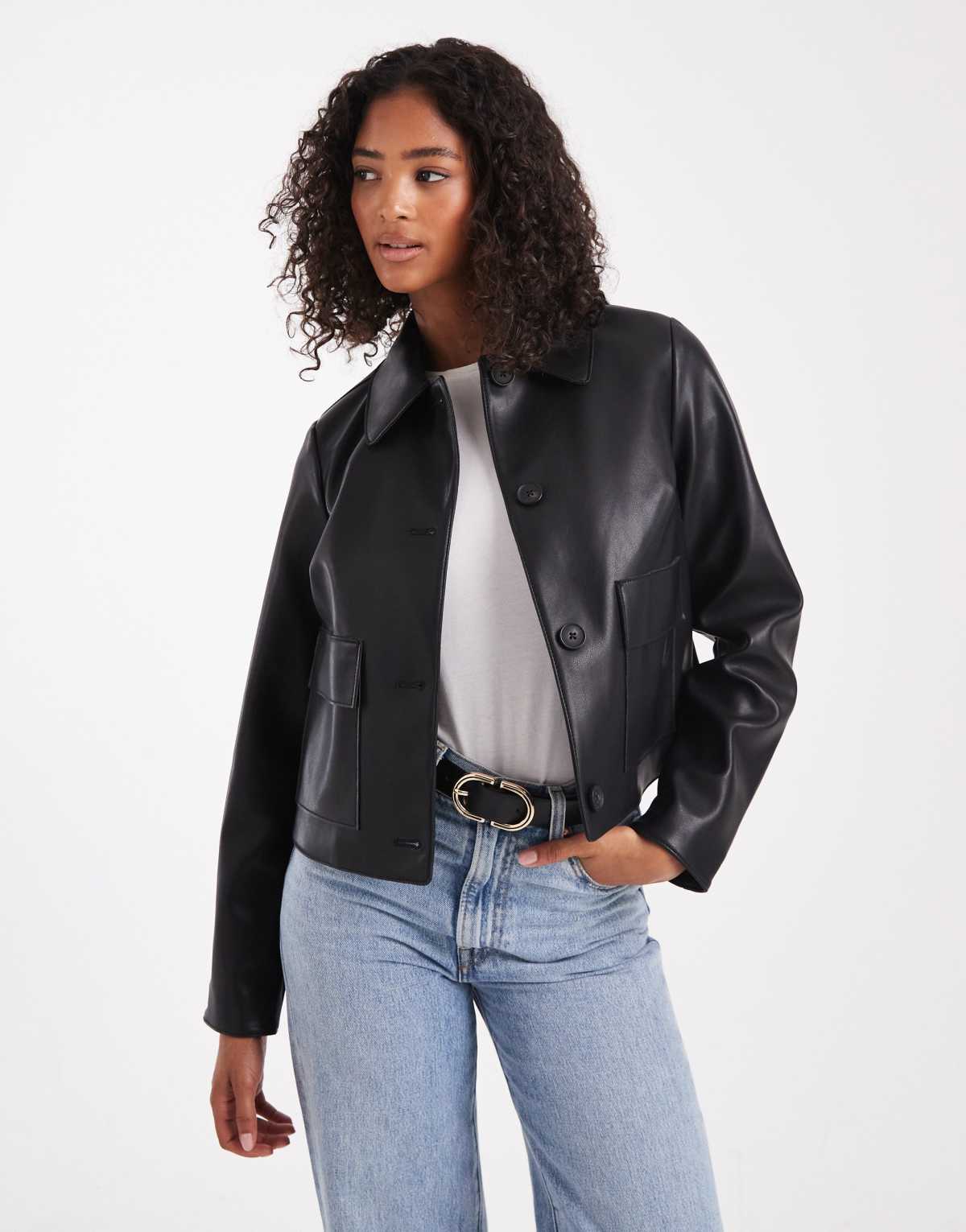 New Look patch pocket PU jacket in black