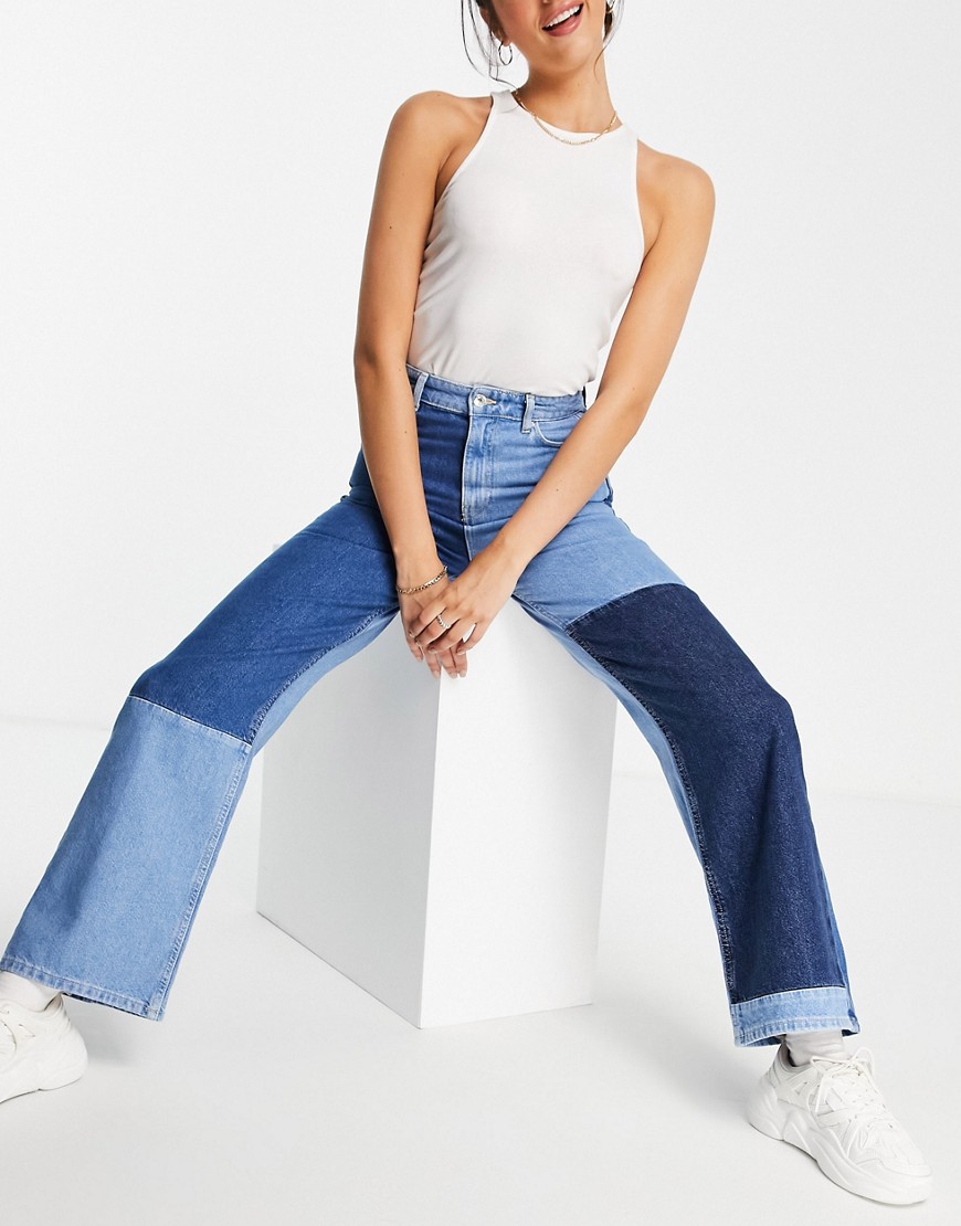 New Look patchwork wide leg jeans in mid blue-Blues