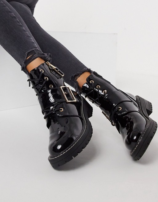 New Look patent buckle detail lace up boot in black