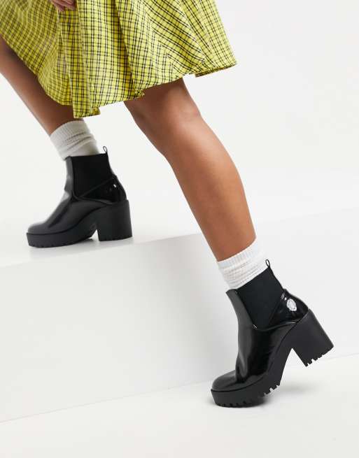 asos design storm chunky mid heeled loafers in black patent
