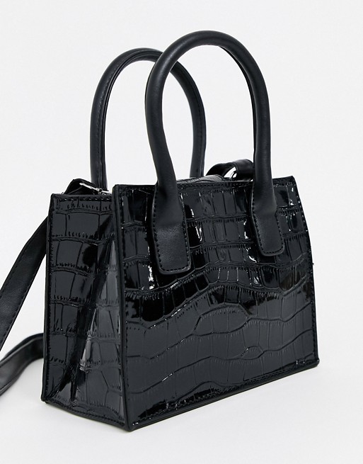 New Look patent croc mini tote bag in black