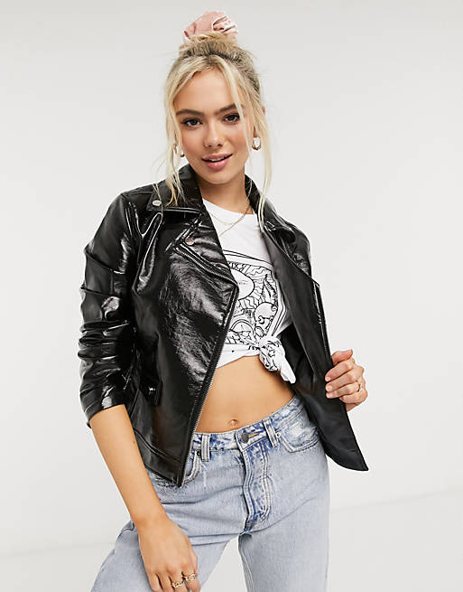 New Look patent faux leather biker jacket in black | ASOS