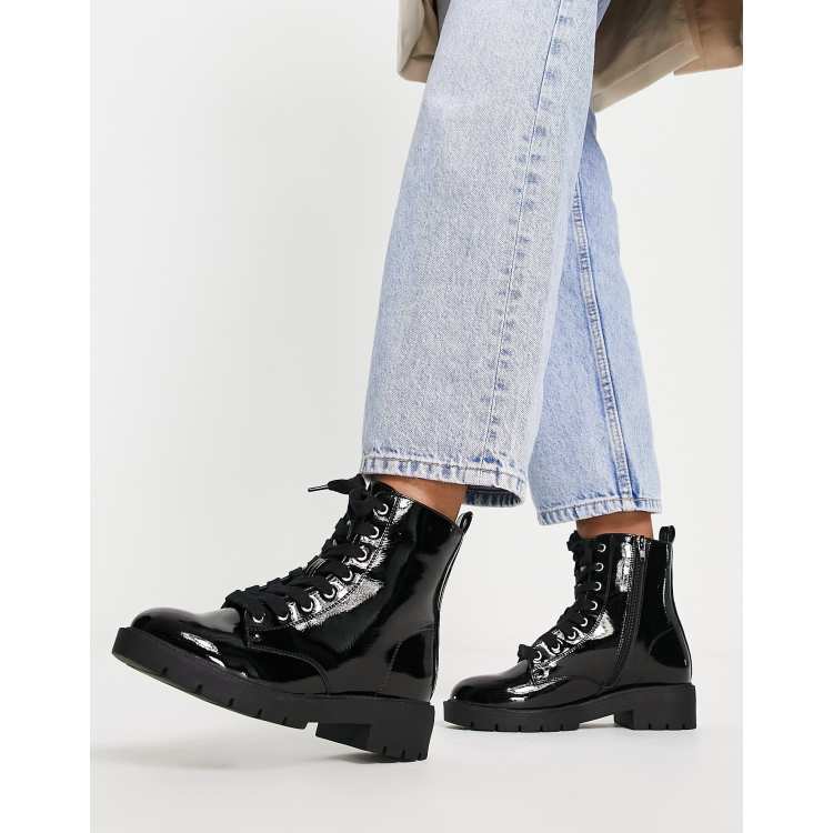 Black patent lace store up chunky ankle boots