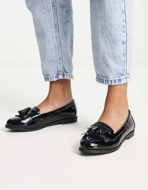 patent fringe loafers