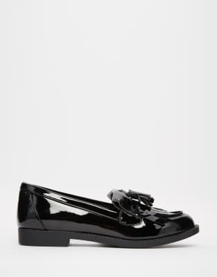 black patent tassel fringe trim loafers