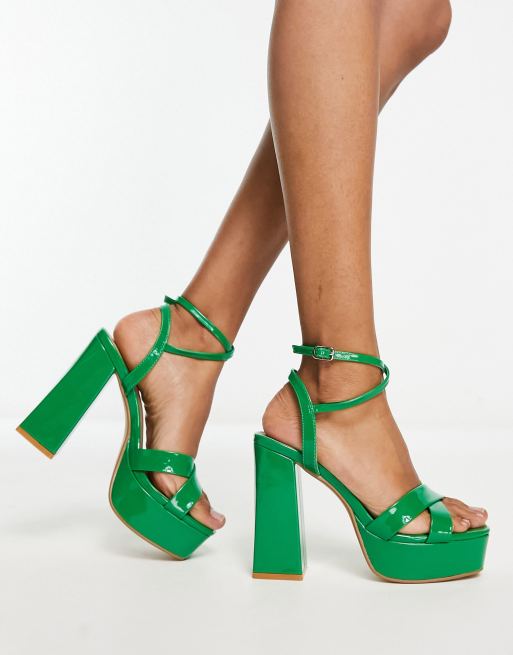 New Look patent platform heeled sandals in green ASOS